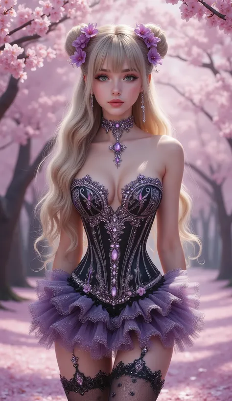 A young woman with fair skin and long, wavy blonde hair stands in a vibrant cherry blossom forest. Her hair is styled in two buns adorned with purple flower clips, and she wears an intricate black V-cut strapless corset with intricate silver embellishments...