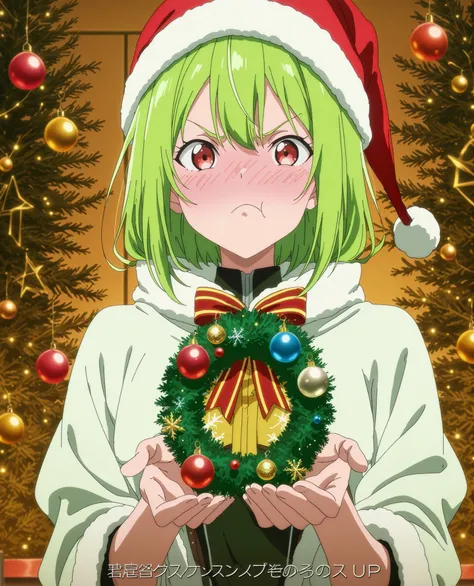 score_9, score_8_up, score_7_up, source_anime, very aesthetic, anime screencap, anime coloring, 1 woman, green hair, pouting, she's holding a Christmas hat on her hand, flustered, background a shop of Christmas ornaments, red eyes, looking at the viewer , ...