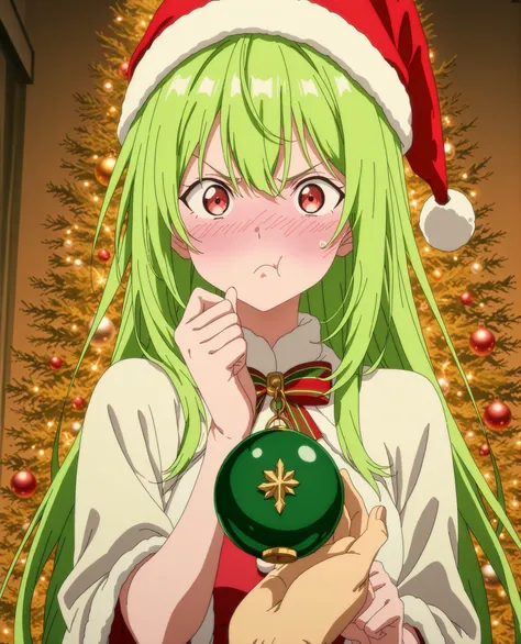 score_9, score_8_up, score_7_up, source_anime, very aesthetic, anime screencap, anime coloring, 1 woman, green hair, pouting, she's holding a Christmas hat on her hand, flustered, background a shop of Christmas ornaments, red eyes, looking at the viewer , ...