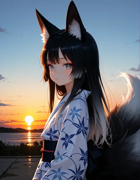 1girl, (skinny and frail:0.5), kitsune, looking at viewer, black hair, gradient hair black and white, white, hair, long hair, gradient fur, fox ears, multiple tails, yukata, sunset, (young), cinematic, detailed, contrast, masterpiece, best quality ,amazing...