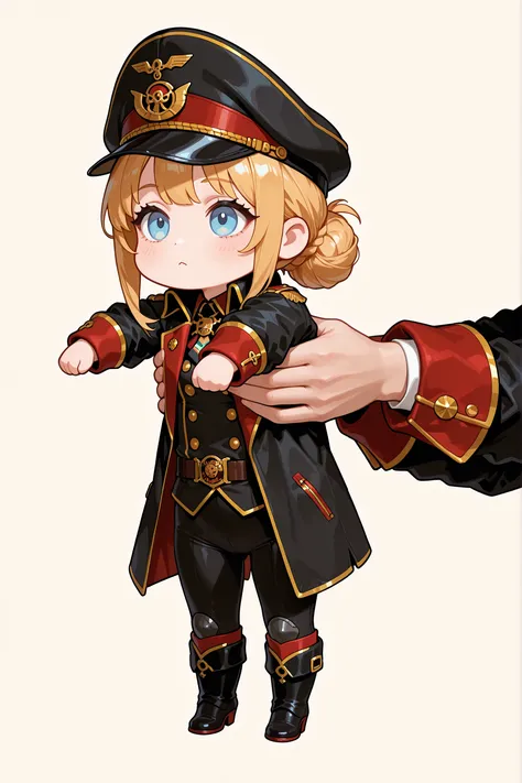 IncrsXLLCM, full body, chibi, UHD, masterpiece, anatomically correct, super detail, best quality, high-res, 16k, Short golden hair low bun, commissar flat cap, commissar jacket, blue eyes, holding animal / holding person
