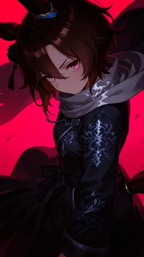 atnr,Narita Taishin, YiSangHeishou, Umamusume, Horse girl, petite frame, small breasts, short brown hair, horse ears, horse tail, ear ornament,748cmstyle,(looking at viewer, side shot:0.72), warrior, (face shot:1.1), (1girl:0.665), solo, masterpiece, best ...