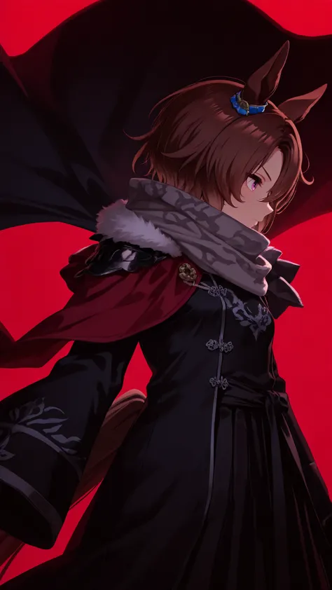 atnr,Narita Taishin, YiSangHeishou, Umamusume, Horse girl, petite frame, small breasts, short brown hair, horse ears, horse tail, ear ornament,748cmstyle,(looking at viewer, side shot:0.72), warrior, (face shot:1.1), (1girl:0.665), solo, masterpiece, best ...