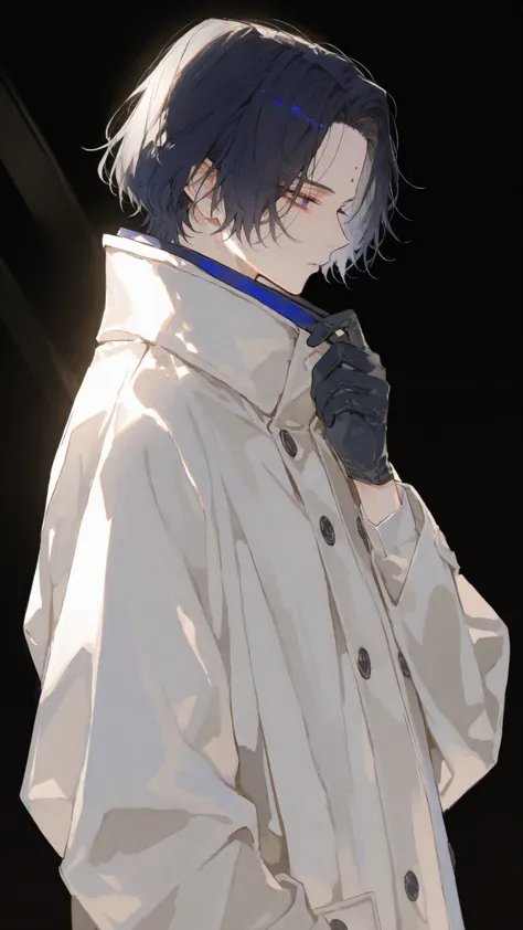 Male,Black-haired,Dark Blue Eyes,Coat,forehead,glove, side view,bored,standing,sunlight,Coatหนังสีแบล็ค,Morning,short hair,Upper Body Shape,Paradise,handsome,slim,Regent Shape, black background,