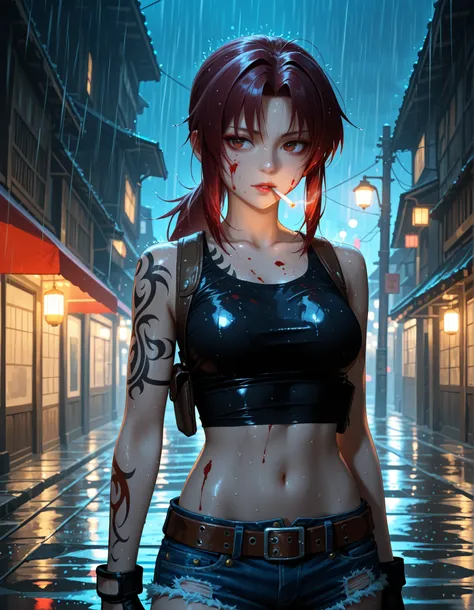 Revy Two Hand, Asian, tribal tattoo on upper left arm and shoulder, denim hotpants, belt, 1 lit cigarette in mouth, fingerless gloves, black crop top, revy main outfit, blood spatters on face and body, rain, bitterness, night, | maximum quality, masterpiec...