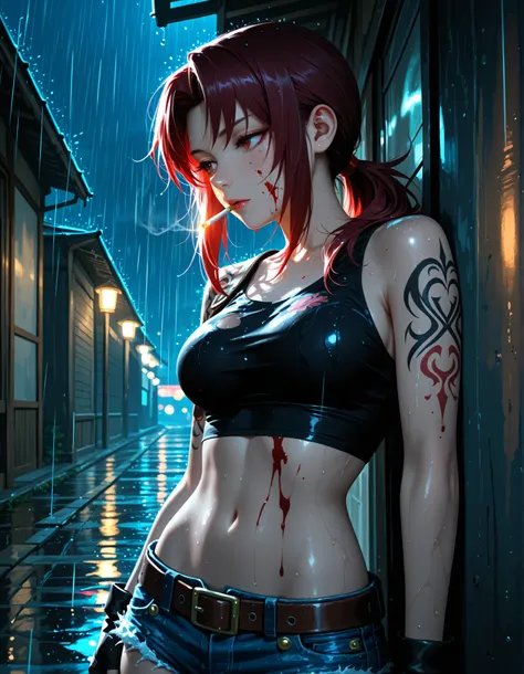 Revy Two Hand, Asian, tribal tattoo on upper left arm and shoulder, denim hotpants, belt, 1 lit cigarette in mouth, fingerless gloves, black crop top, revy main outfit, blood spatters on face and body, rain, bitterness, night, | maximum quality, masterpiec...