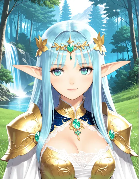 elf woman in symmetrical elegant ornate engraved light armor with motifs, gold, jewels, jewelry, fantasy, dress, lace, lingerie, subtle smile, small flowers, grass, waterfall, forest, tall snowcapped mountains, mid range portrait,

| (beautiful:1.3), very ...