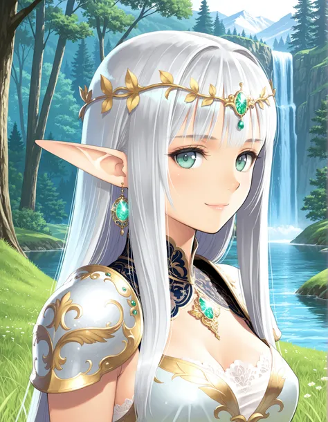 elf woman in symmetrical elegant ornate engraved light armor with motifs, gold, jewels, jewelry, fantasy, dress, lace, lingerie, subtle smile, small flowers, grass, waterfall, forest, tall snowcapped mountains, mid range portrait,

| (beautiful:1.3), very ...