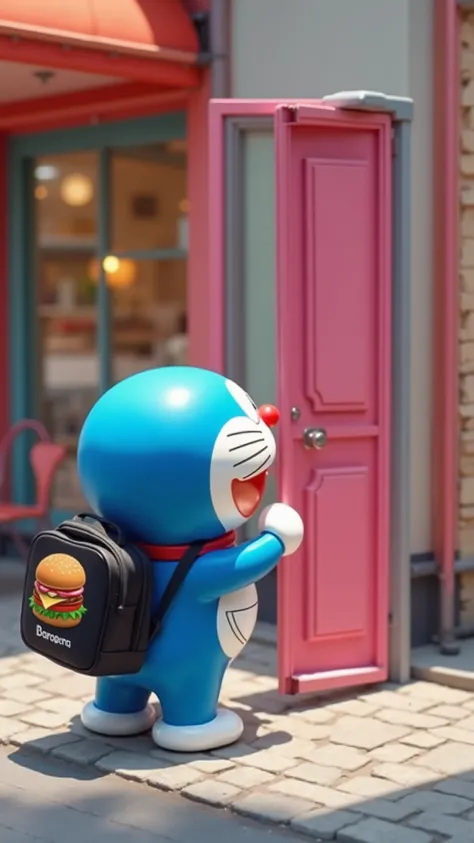 ((4K、original photos、High Fine))、(((high performance camera)))、(((realistic)))、(((Realistic)))、Doraemon carrying a black square rucksack with an illustration of a hamburger in front of a hamburger shop is about to open a freestanding pink door placed in th...