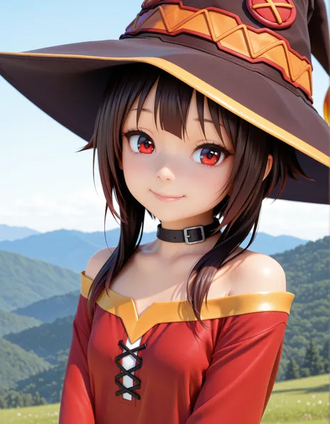 Megumin, young, beautiful, smile, hat, choker, shoulder dress, cinematic, masterpiece, highest quality, flawless, amazing, \(professional quality\), (real:1.5), 3d,