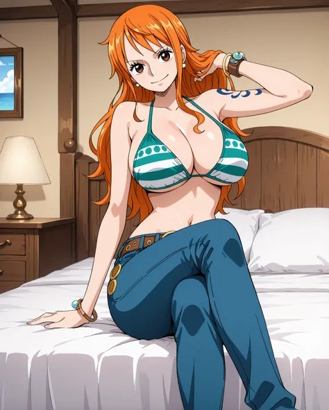 Nami \one piece\, 
long orange hair, loose hair, brown eyes, big breasts, 

striped green bikini top, bikini top, 
jeans, blue pants, pants, jean pants, 
bracelet, belt, 

happy, cute expression, looking at viewer, solo, 
sitting on bed, crossed legs, one ...