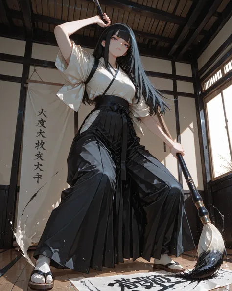Score_9, masterpiece, best quality, 8k,
1girl, young girl, solo, japanese girl, long black hair, straight hair, blunt bangs,swinging hair, big eyes, serious expression,
wearing hakama and tasuki ,(crossed sash), traditional Japanese outfit,
BREAK
standin...