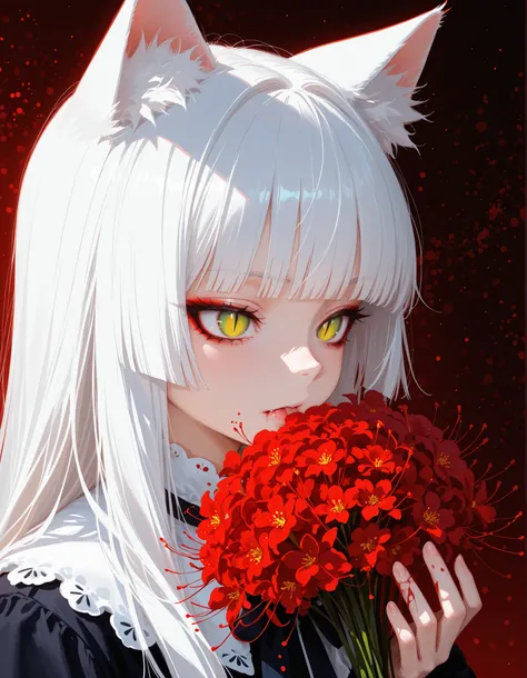 masterpiece, best quality, amazing quality, very aesthetic, high resolution, ultra-detailed, absurdres, newest, cat girl, red, slit pupils, white hair, long hair,  hime cut, smooth hair, blood flowers, eyeliner, abstract work , Intimidation, psychedelic