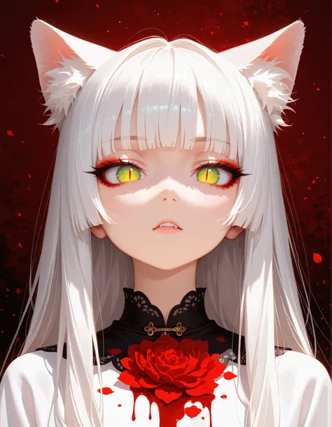 masterpiece, best quality, amazing quality, very aesthetic, high resolution, ultra-detailed, absurdres, newest, cat girl, red, slit pupils, white hair, long hair,  hime cut, smooth hair, blood flowers, eyeliner, abstract work , Intimidation, psychedelic