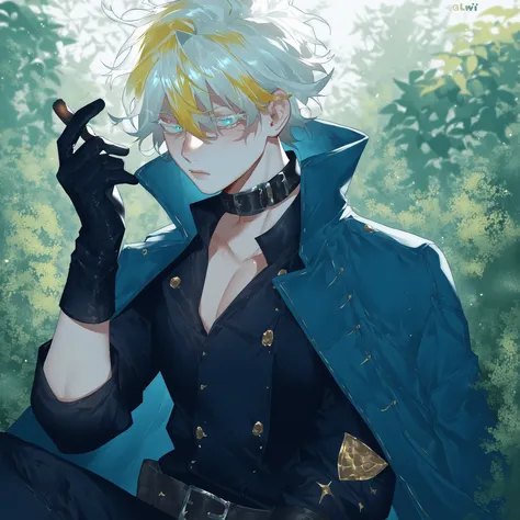 Only One, 19-year-old male , cabello albino, rowdy rebel, pointed, yellow tufts, bangs falling in a fuss through his eyes, turquoise eyes, framed white eyelashes long, delicate ranges, Clothes: long neck sleeveless black shirt,  framed pectorals , marked a...