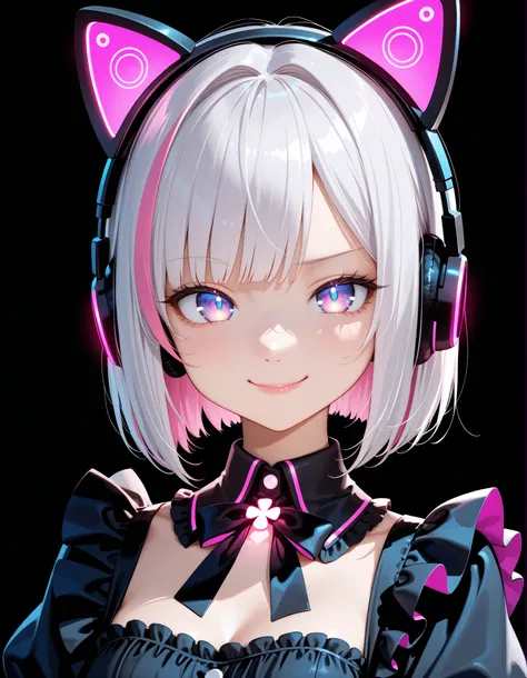 Close-up of a Girl in Sleek Black Maid Dress with Neon Headphones deep violet eyes, short platinum bob with glowing pink neon streaks, wearing a minimal black maid uniform with slim satin trim and detachable LED collar bow. She’s smiling with one eyebrow r...