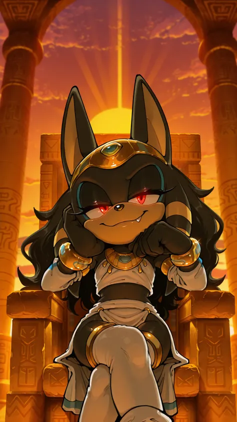 masterpiece, best quality, amazing quality, very aesthetic, high resolution, ultra-detailed, absurdres, newest, scenery, furry, anthro, sonic \(series\), 1girl, solo, furry_female, jackal, long hair, wavy hair, cocky smile, fang, red eyes, glowing eyes, na...