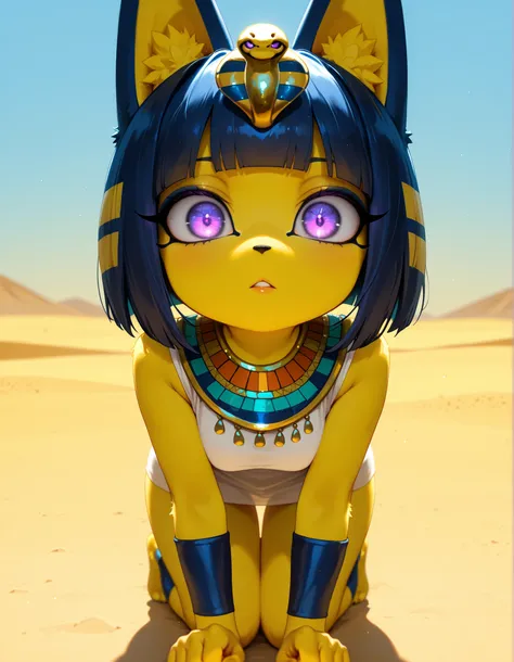 masterpiece, best quality, very aesthetic, 1girl,, depth of field, 1girl, furry, ankha \(animal crossing\), expressionless, eye reflection, yellow background, yellow theme, blue background, desert,, purple eyes, glowing eyes, wide-eyed, paw pose, looking a...