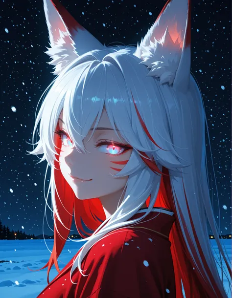 1girl,fox ears,red and blue eyes,glowing eyes,white hair,red hair,hair between eyes,closed mouth,multicolored hair,red whisker markings,upper body,looking at viewer,from side,snowing,smirk,night,dark,masterpiece,