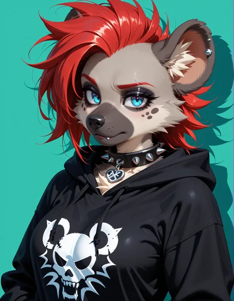 ,, 1girl, solo, anthro hyena, furry, furry female, blue eyes, punk, grey fur, black hoodie, breast, spike collar, red hair,