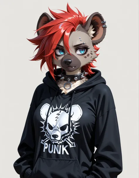 ,, 1girl, solo, anthro hyena, furry, furry female, blue eyes, punk, grey fur, black hoodie, breast, spike collar, red hair,