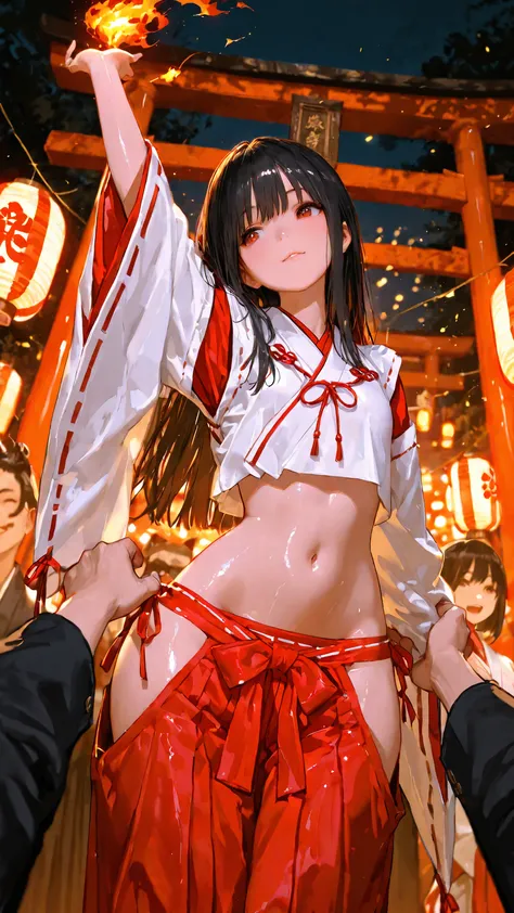 top quality, Picture, in fine detail, young shrine maiden, Authentic shrine maiden costume, long black hair, traditional white and red costume, stretching arms toward the camera, making direct eye contact, Night Fire Festival, Dancing Fire Illuminating You...