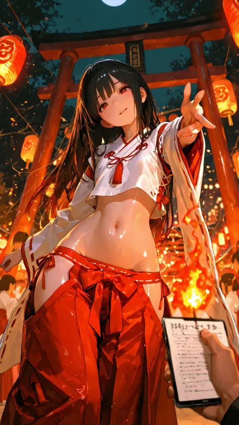top quality, Picture, in fine detail, young shrine maiden, Authentic shrine maiden costume, long black hair, traditional white and red costume, stretching arms toward the camera, making direct eye contact, Night Fire Festival, Dance of Fire Illuminated fro...