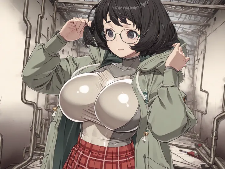 dark eyes、glasses、((tinkle bell,gu1lty,Beautiful girl、Female High School Student、huge breasts:2.5、unkempt hair、short hair、Bodysuit、gray bodysuit,green hooded coat、red plaid skirt、Abandoned Factory、dark haired、1girl、solo)),High Quality,standing picture in m...