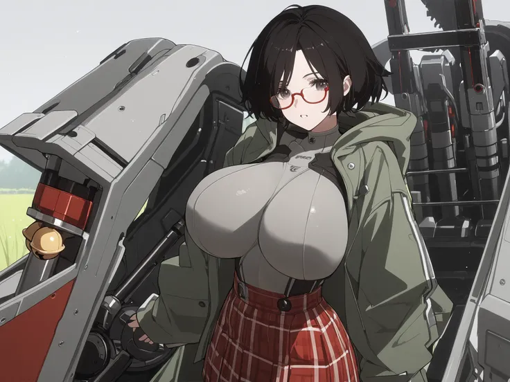 dark eyes、glasses、((tinkle bell,gu1lty,Beautiful girl、Female High School Student、huge breasts:2.5、unkempt hair、short hair、Bodysuit、gray bodysuit,green hooded coat、red plaid skirt、Mechanical weapon interior、dark haired、1girl、solo)),High Quality,standing pic...