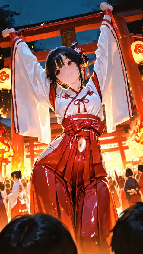 top quality, Picture, in fine detail, young shrine maiden, Authentic shrine maiden costume, long black hair, traditional white and red costume, stretching arms toward the camera, making direct eye contact, Night Fire Festival, Dancing Fire Illuminating You...