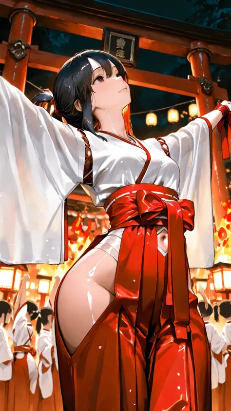 top quality, Picture, in fine detail, young shrine maiden, Authentic shrine maiden costume, long black hair, traditional white and red costume, stretching arms toward the camera, making direct eye contact, Night Fire Festival, Dancing Fire Illuminating You...