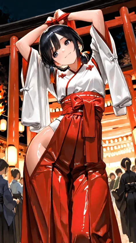 top quality, Picture, in fine detail, young shrine maiden, Authentic shrine maiden costume, long black hair, traditional white and red costume, stretching arms toward the camera, making direct eye contact, Night Fire Festival, Dancing Fire Illuminating You...