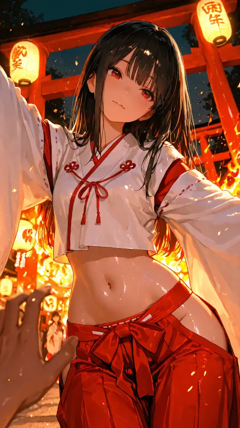 top quality, Picture, in fine detail, young shrine maiden, Authentic shrine maiden costume, long black hair, traditional white and red costume, stretching arms toward the camera, making direct eye contact, Night Fire Festival, Dancing Fire Illuminating You...