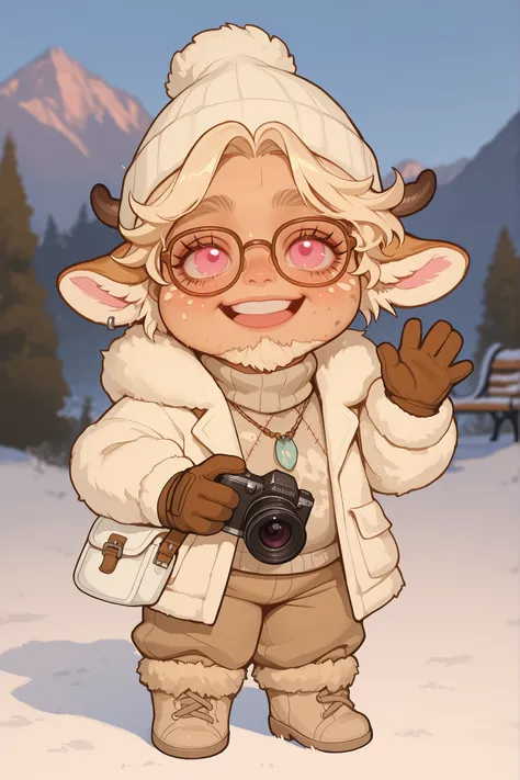 Make a semi-realistic midjorney art style of young man, dear demi-human, He has sun kissed skin with white spotting and white freckles, cherubic features, round face, deer ears, big soft pink eyes, white eye lashes, exhausted. Big oversized brown glasses, ...