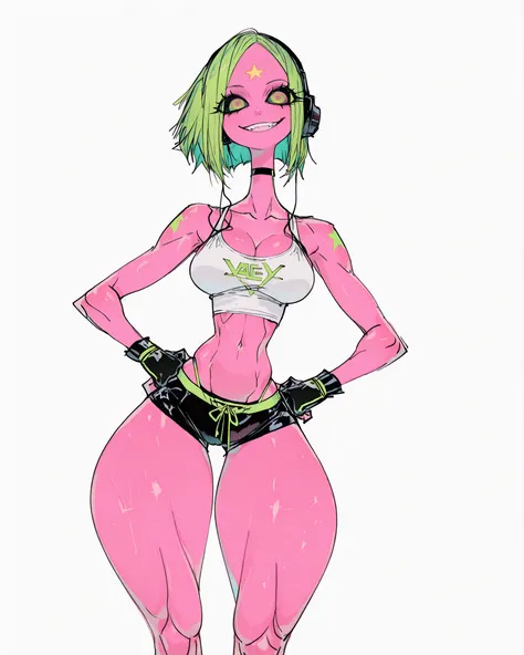 us4styl3,ottos,an alien girl, tall, attractive, black sclera, fluorescent green hair, pink skin, big innocent smile, sexy tummy, wide hips, masterpiece, best quality, amazing quality, headphones, tank top, cleavage, bursting breast, sexy front view, thigh ...