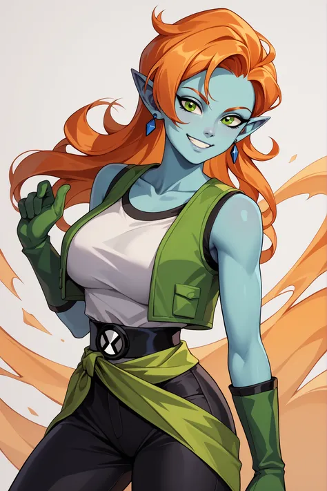 {{masterpiece, ultra-high quality, professionally detailed, professionally shaded}} single person, 1girl, eyelasheyes, zZangya, green eyes, blue skin, pointy ears,PonyXLV6_Scores, orange hair, bare shoulders, vest, green vest, gloves, black pants,black bag...