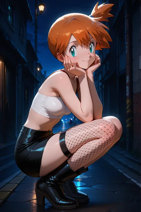 masterpiece, amazing quality, best quality, ultra-detailed, 8K, illustration, ultra-detailed-eyes, soft skin, very awa, very as2, soft body, 1990s \(style\), official art, misty \(pokemon\), side ponytail, aqua eyes, small breasts, white tube top, bare arm...