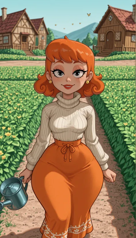 dextersmom, mature female, short hair, slightly curly hair, ginger, black eyes, big eyes, long eyelashes, small breasts, rounded breasts, narrow waist, thick thighs, huge hips, fair skin, thin hands, earrings, makeup, red lips, lipstick.| Create a top‑down...