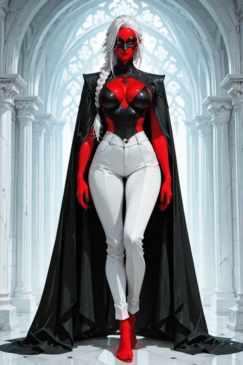 barefoot, pants, single_braid, long_hair, breasts, colored_skin, full_body, 1girl, braid, looking_at_viewer, solo, white_pants, white_hair, cape, black_nails, cleavage, mask, red_skin