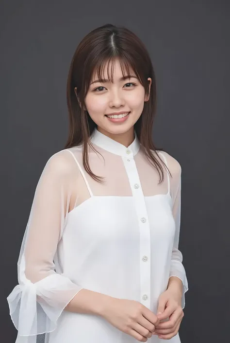 Fuka Koshiba,koshiba_fuka,neat-girl,,high image quality、pretty face、detailed face、Smiling Woman、medium hair、Wet Textured Styling、see through blouse、announcer costume、Feminine Office Casual Styling、