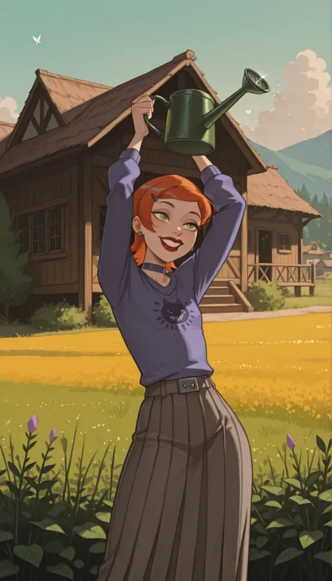 Gwen Tennyson . ginger . short hair .red lips, green eyes . flat breasts, flat chest, huge hips . slim body . choker . | Create a top‑down view (overhead camera) of a peaceful rural world in the style of Stardew Valley. A character in an oversized sweater ...