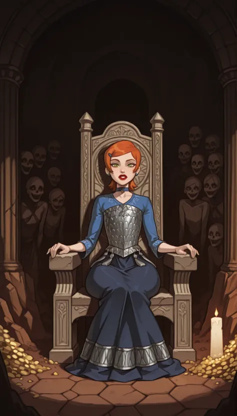 Gwen Tennyson . ginger . short hair .red lips, green eyes . flat breasts, flat chest, huge hips . slim body . choker . | Create a Slavic fantasy scene: a group of warriors in traditional Slavic armor (scale mail, long skirts) enters a dark underground cave...