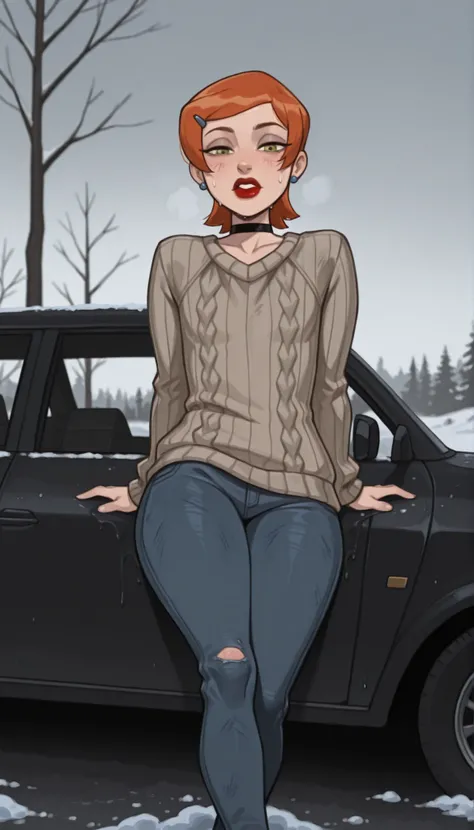 Gwen Tennyson . ginger . short hair .red lips, green eyes . flat breasts, flat chest, huge hips . slim body . choker . | Create a cinematic street scene: a weary Uber driver sits on the hood of his old, rusty taxi covered in mud and scratches — the car loo...