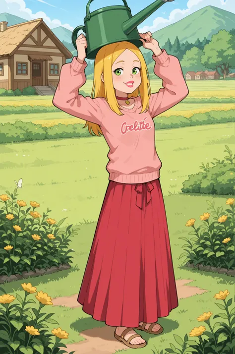Francine Smith, looking at viewer, pink lipstick, choker, Blonde hair, small breasts. long hair. blonde hair, | Create a top‑down view (overhead camera) of a peaceful rural world in the style of Stardew Valley. A character in an oversized sweater and a lon...