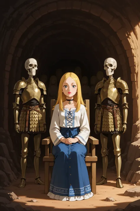 Francine Smith, looking at viewer, pink lipstick, choker, Blonde hair, small breasts. long hair. blonde hair, | Create a Slavic fantasy scene: a group of warriors in traditional Slavic armor (scale mail, long skirts) enters a dark underground cave. In the ...