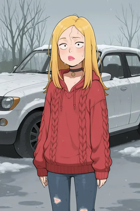 Francine Smith, looking at viewer, pink lipstick, choker, Blonde hair, small breasts. long hair. blonde hair, | Create a cinematic street scene: a weary Uber driver sits on the hood of his old, rusty taxi covered in mud and scratches — the car looks like i...