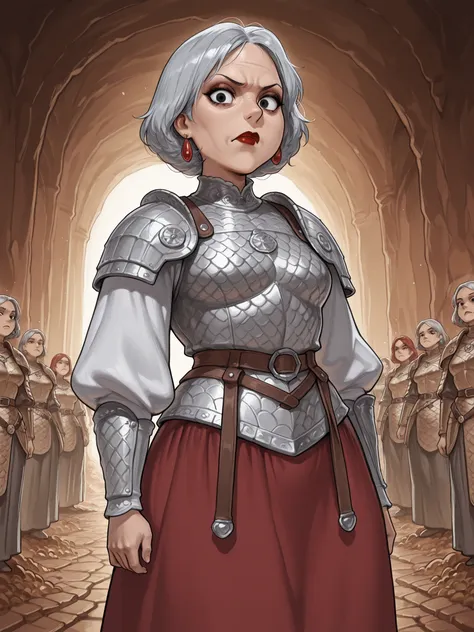 Grandma. gray hair, black eyes, short hair, dark red lips, wrinkles, earrings, makeup, small breasts, cowboy shot, frown ,looking at viewer, masterpiece, best quality, amazing quality, | Create a Slavic fantasy scene: a group of warriors in traditional Sla...
