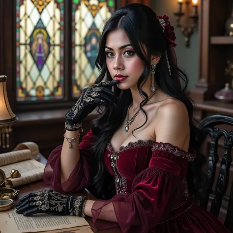 Ultra-realistic anime gothic sorceress, beautiful girl with heterochromia eyes (one glowing golden, one glowing purple), long wavy black hair with purple highlights, soft porcelain skin, light blush makeup, wearing dark red velvet off-shoulder medieval dre...