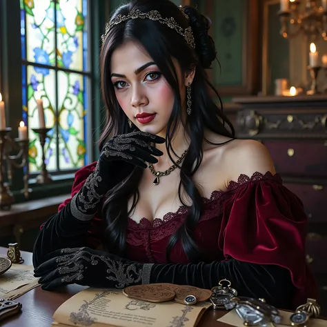 Ultra-realistic anime gothic sorceress, beautiful girl with heterochromia eyes (one glowing golden, one glowing purple), long wavy black hair with purple highlights, soft porcelain skin, light blush makeup, wearing dark red velvet off-shoulder medieval dre...