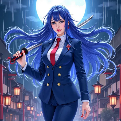 Juvia Locker, full body, top view, huge breasts and hips, happy, Red lips , elegant blue formal suit, unfounded katana , Kyoto, at night, full moon, drizzle, masterpiece, Artwork, mejor calidad, best resolution, hyperdetailed, high-resolution illustration...